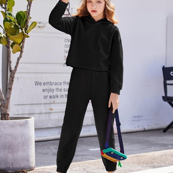 Girls 2 Piece Outfit Waffle Knit Pullover Hooded Sweatshirt and Sweatpants Sets - Picture 2 of 7